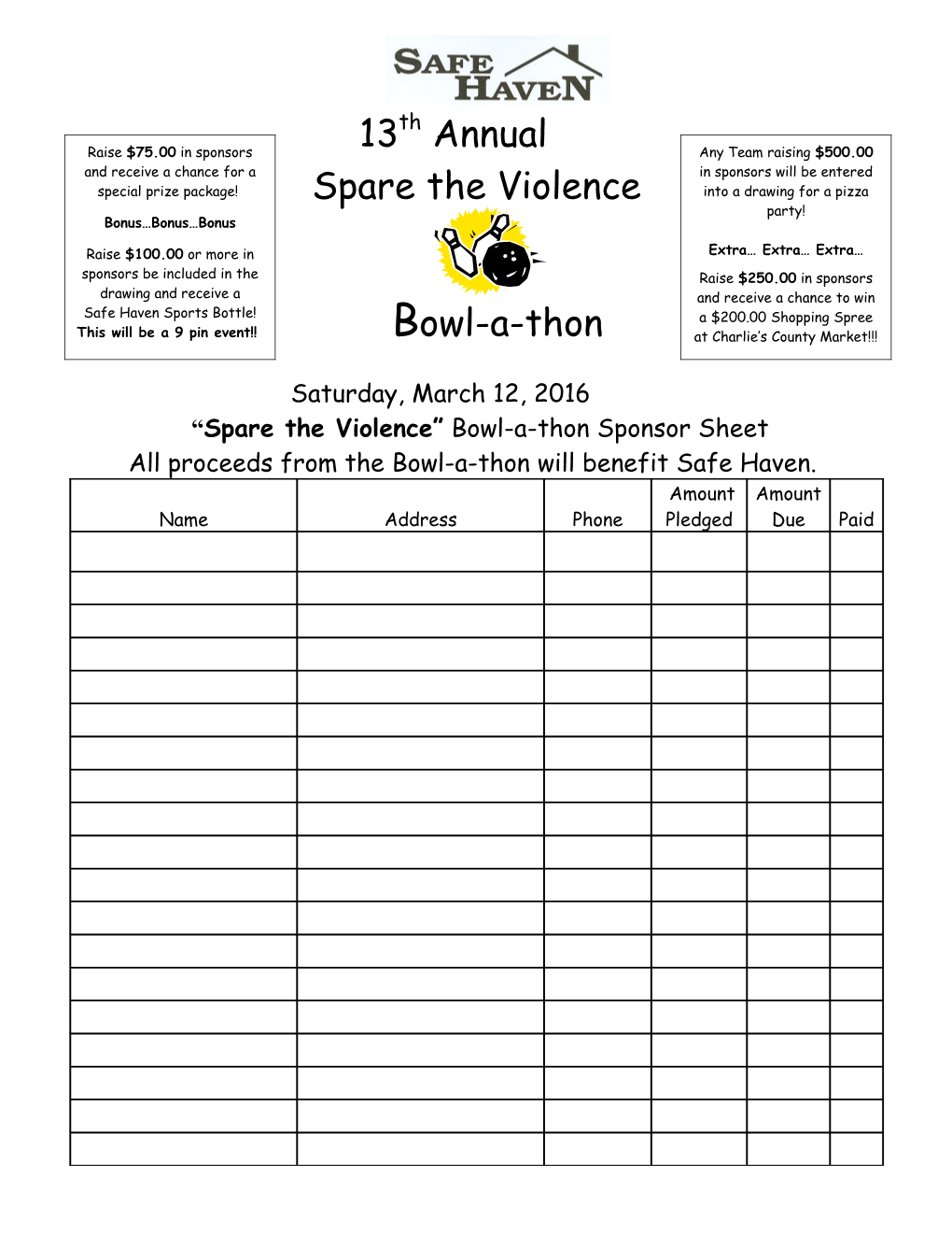 Spare the Violence Bowl-A-Thon Sponsor Sheet