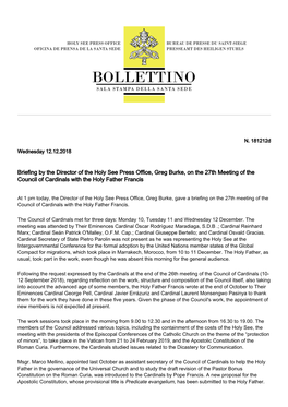 Briefing by the Director of the Holy See Press Office, Greg Burke, on the 27Th Meeting of the Council of Cardinals with the Holy Father Francis