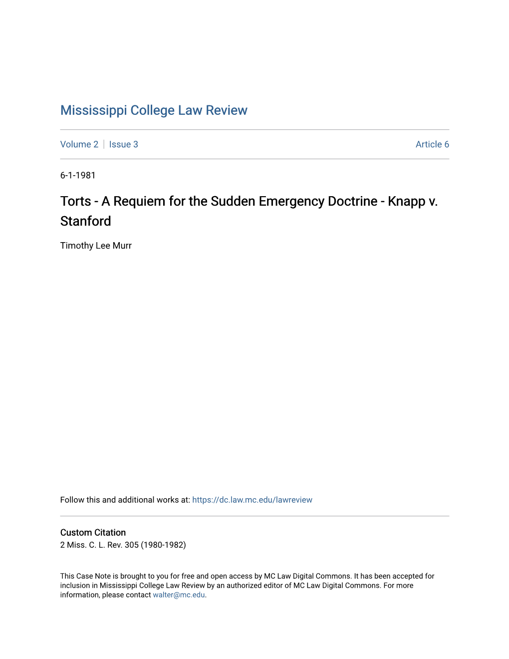 A Requiem for the Sudden Emergency Doctrine - Knapp V