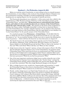 Constitutional Law -- Fall 2021 -- Handout I