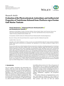 Evaluation of the Physicochemical, Antioxidant, and Antibacterial Properties of Tunichrome Released from Phallusia Nigra Persian Gulf Marine Tunicate