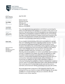 April 19, 2021 Nathan Garnett General Counsel Offerup.Com 1745 114Th Ave SE Bellevue, WA 98004 the Undersigned Attorneys General