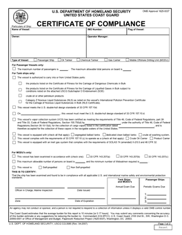 CERTIFICATE of COMPLIANCE Name of Vessel: IMO Number: Flag of Vessel