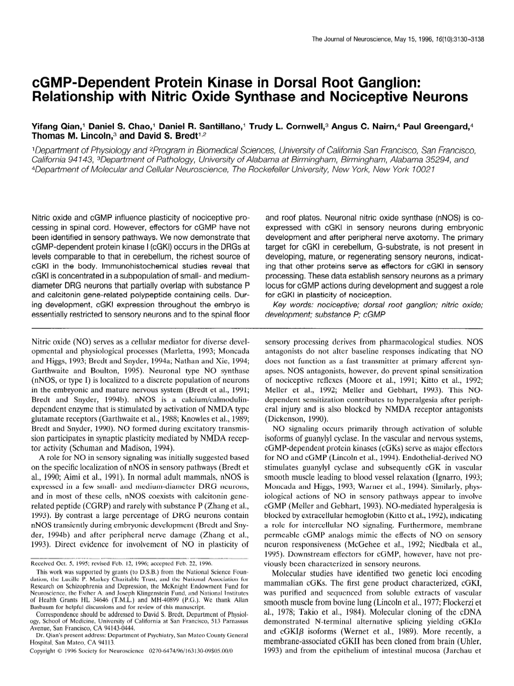 Cgmp-Dependent Protein Kinase in Dorsal Root Ganglion: Relationship with Nitric Oxide Synthase and Nociceptive Neurons