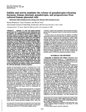 Inhibin and Activin Modulate the Release of Gonadotropin-Releasing Hormone, Human Chorionic Gonadotropin, and Progesterone From