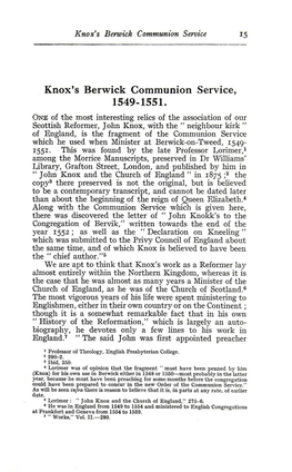 Knox's Berwick Communion Service, 1549-1551