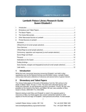Lambeth Palace Library Research Guide Queen Elizabeth I