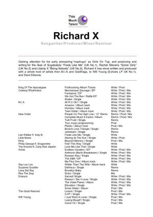 Richard X Songwriter/Producer/Mixer/Remixer