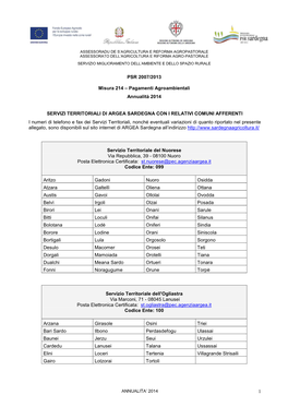 Servizi Territoriali Di ARGEA Sardegna Con I Relativi Comuni Afferenti1