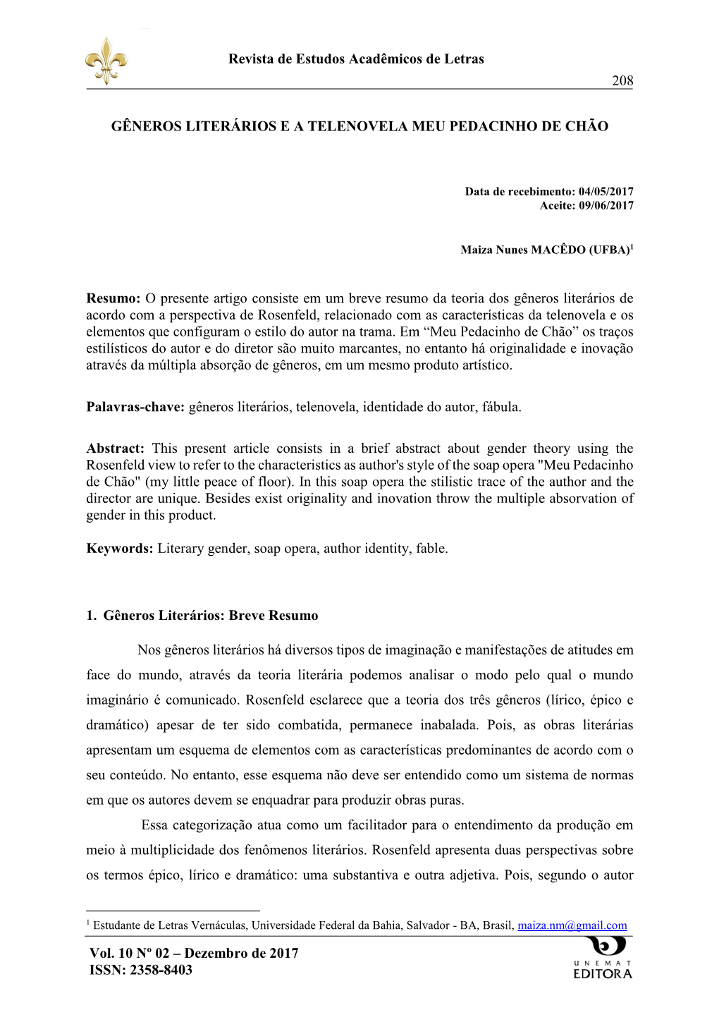 Dezembro De 2017 ISSN: 2358-8403 GÊNEROS LITERÁRIOS E a TELENO