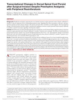 Transcriptional Changes in Dorsal Spinal Cord Persist After Surgical Incision Despite Preemptive Analgesia with Peripheral Resiniferatoxin