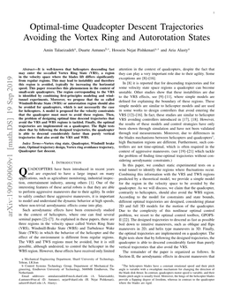 Optimal-Time Quadcopter Descent Trajectories Avoiding the Vortex Ring and Autorotation States