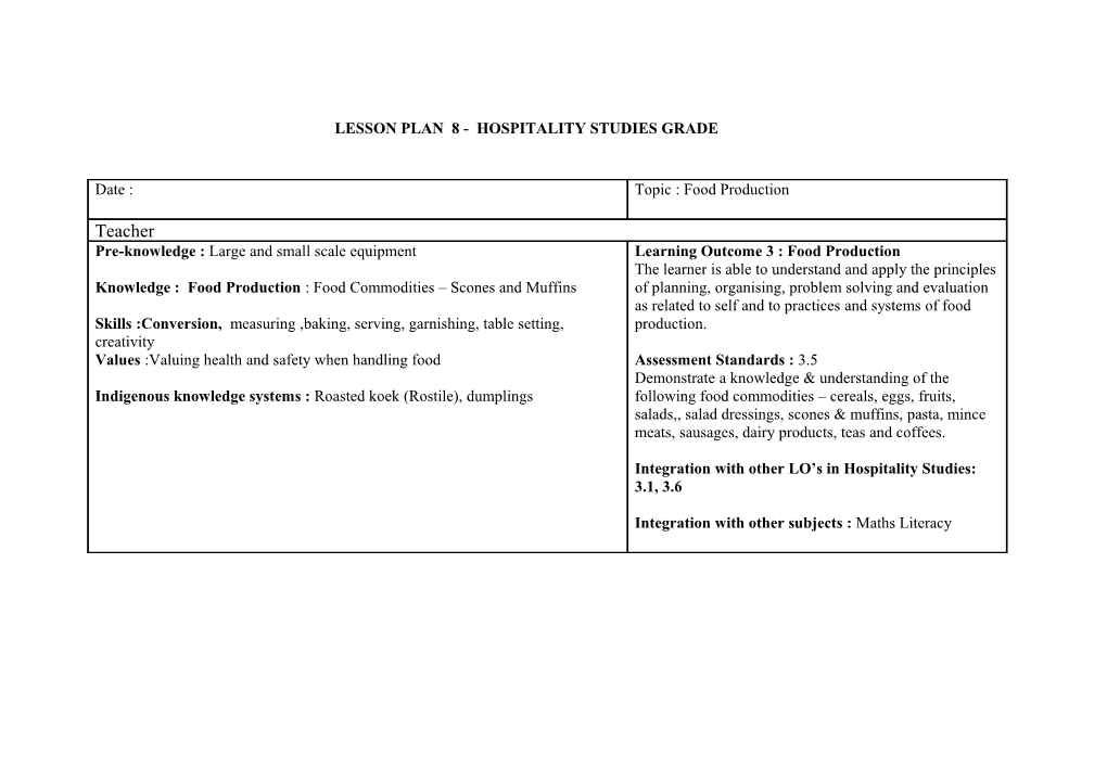 Lesson Plan 8 for Hospitality Studies