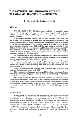 The Antibiotic and Antitumor Activities of Selected Phil Thallophytes