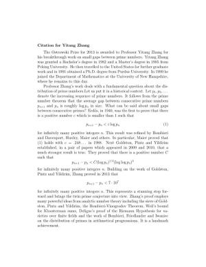 Citation for Yitang Zhang the Ostrowski Prize for 2013 Is Awarded to Professor Yitang Zhang for His Breakthrough Work on Small Gaps Between Prime Numbers
