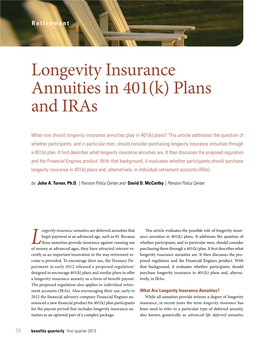 Longevity Insurance Annuities in 401(K) Plans and Iras