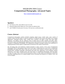 SIGGRAPH 2008 Course: Computational Photography: Advanced Topics