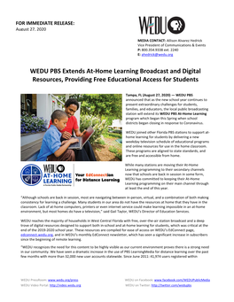WEDU PBS Extends At-Home Learning Broadcast and Digital Resources, Providing Free Educational Access for Students
