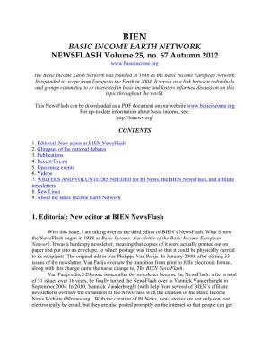 BIEN BASIC INCOME EARTH NETWORK NEWSFLASH Volume 25, No. 67 Autumn 2012