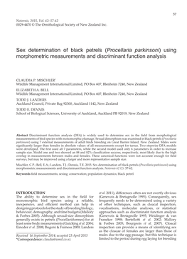Procellaria Parkinsoni) Using Morphometric Measurements and Discriminant Function Analysis