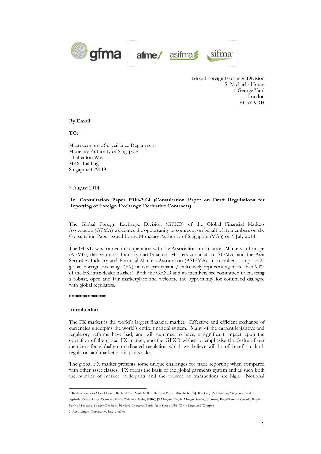 GFMA Submits Comments on the Consultation Paper P010-2014