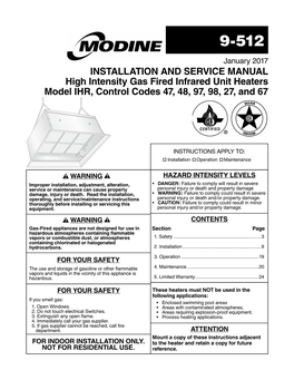 High Intensity Gas Fired Infrared Unit Heaters Model IHR, Control Codes 47, 48, 97, 98, 27, and 67