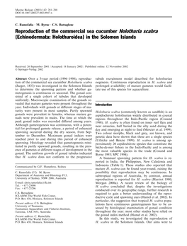 Reproduction of the Commercial Sea Cucumber Holothuria Scabra (Echinodermata: Holothuroidea) in the Solomon Islands