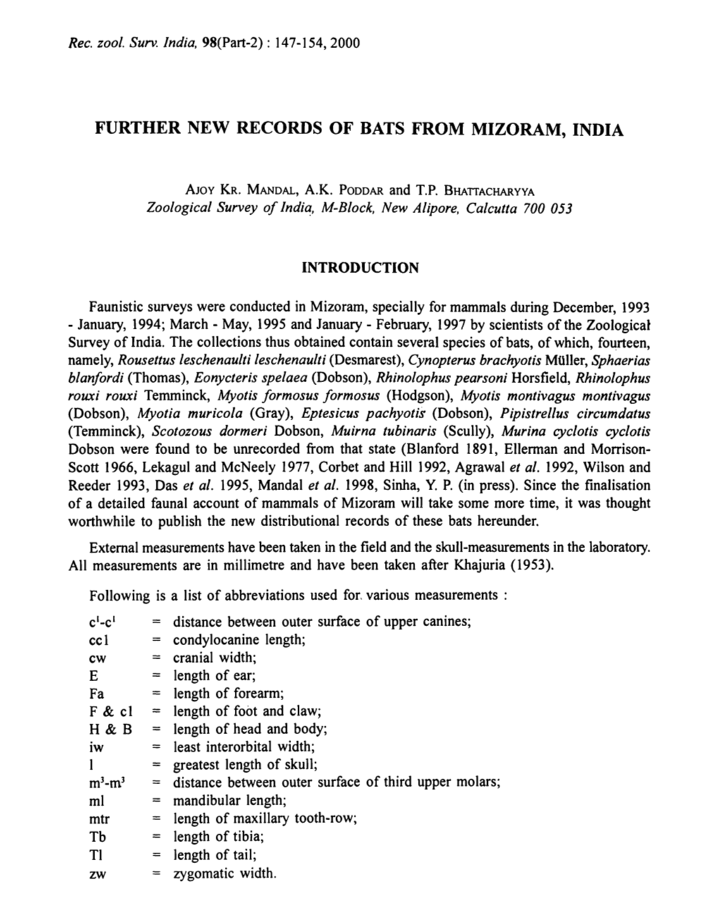 Further New Records of Bats from Mizoram, India