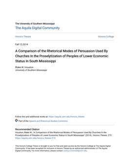 A Comparison of the Rhetorical Modes of Persuasion Used by Churches in the Proselytization of Peoples of Lower Economic Status in South Mississippi