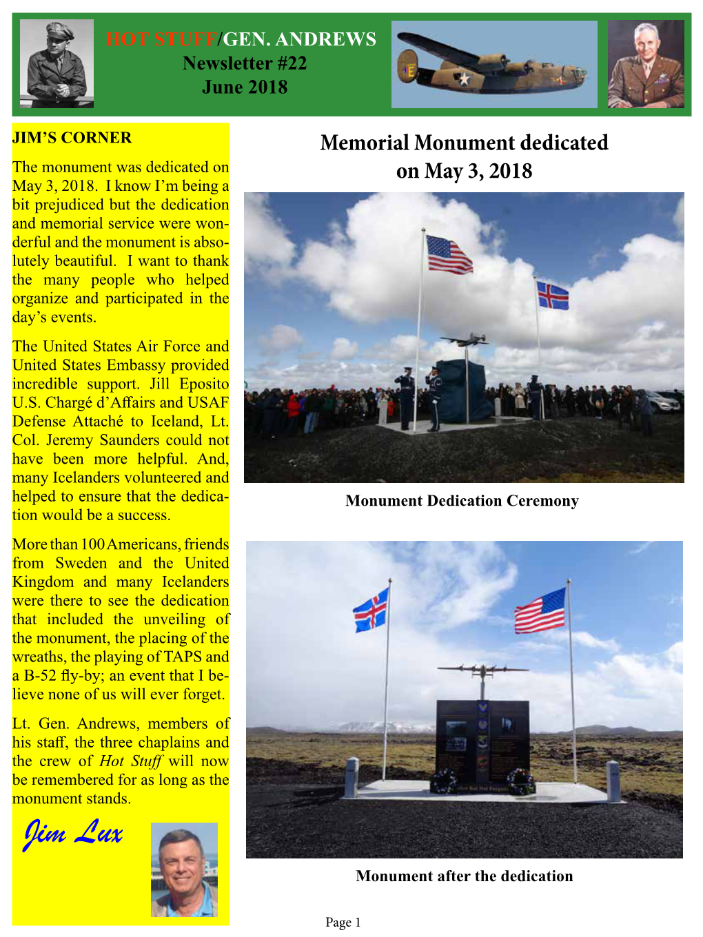 JIM’S CORNER Memorial Monument Dedicated the Monument Was Dedicated on on May 3, 2018 May 3, 2018
