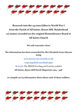 Research Into the 133 Men Fallen in World War I from the Parish of All