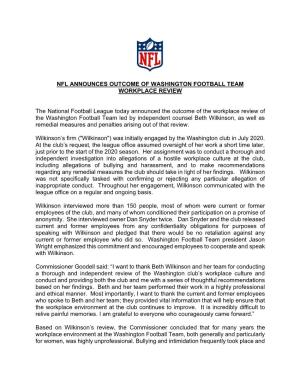 Nfl Announces Outcome of Washington Football Team Workplace Review