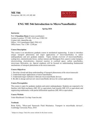 ENG ME 546 Introduction to Micro/Nanofluidics