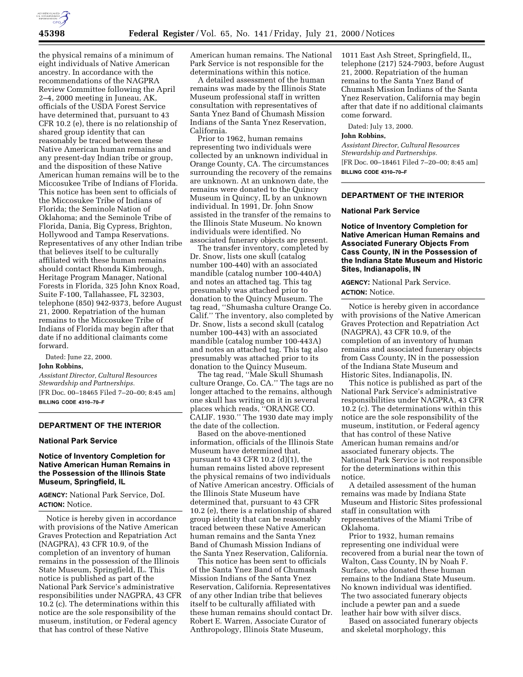 Federal Register/Vol. 65, No. 141/Friday, July 21, 2000/Notices