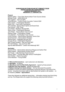 Saxmundham and Framlingham Snt Community Forum Priority Setting and Tasking Meeting Saxmundham Market Hall Wednesday, 8Th February, 2012