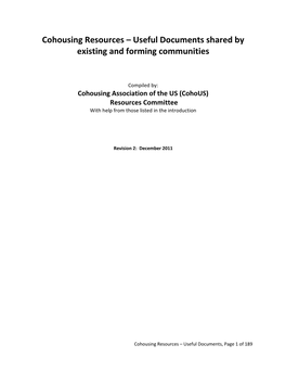 Cohousing Resources – Useful Documents Shared by Existing and Forming Communities