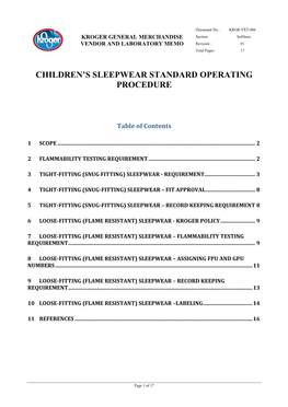 Kroger's Children's Sleepwear Standard Operating Procedure