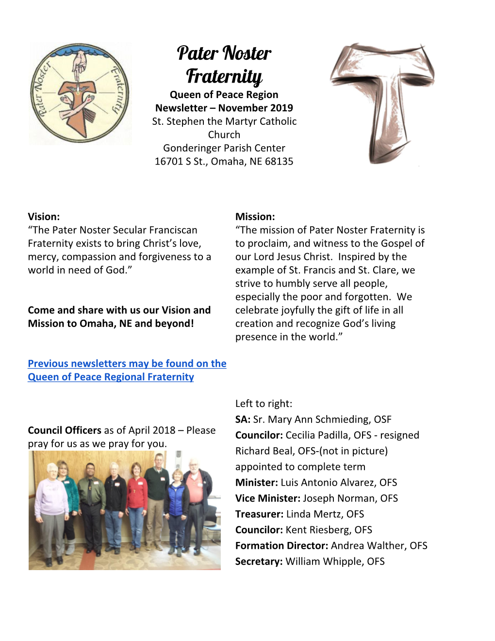 Pater Noster Fraternity Queen of Peace Region Newsletter – November 2019 St