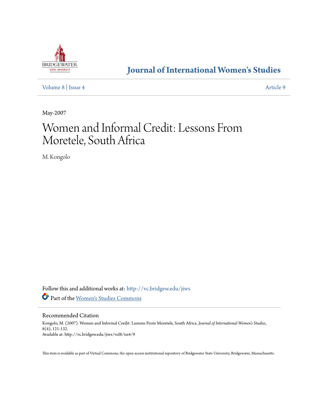 Women and Informal Credit: Lessons from Moretele, South Africa M