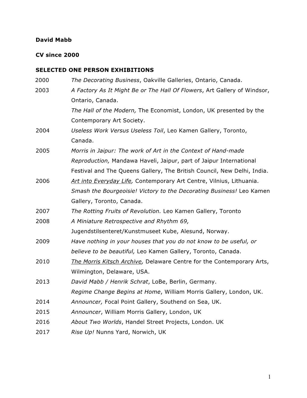 David Mabb CV Since 2000 SELECTED ONE PERSON