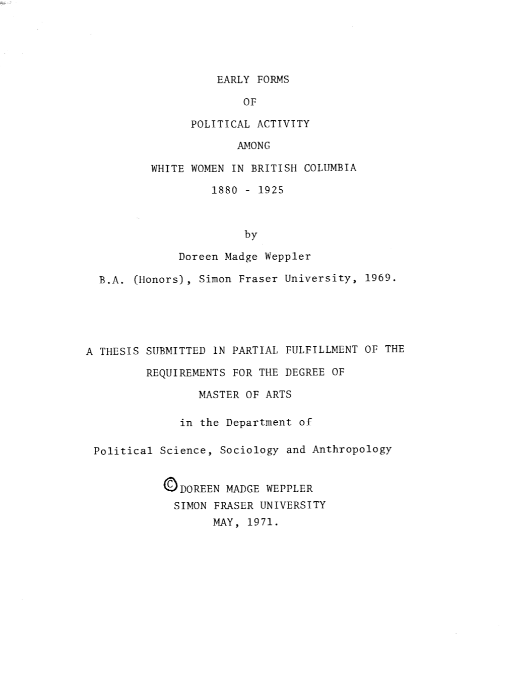 Early Forms of Political Activity Among White Women in British Columbia, 1880-1925