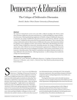 The Critique of Deliberative Discussion. a Response to Â•Œeducation for Deliberative Democracy: a Typology of Classroom Disc
