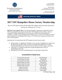 2017 NFF Hampshire Honor Society Membership Record 1,091 Players from All-Time High 298 Colleges and Universities Honored As the Society Celebrates Its 11Th Year
