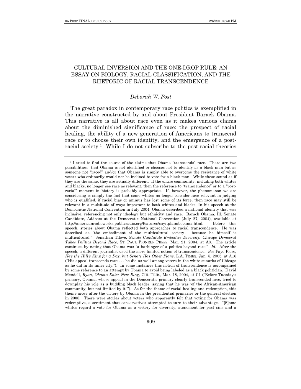 Cultural Inversion and the One-Drop Rule: an Essay on Biology, Racial Classification, and the Rhetoric of Racial Transcendence