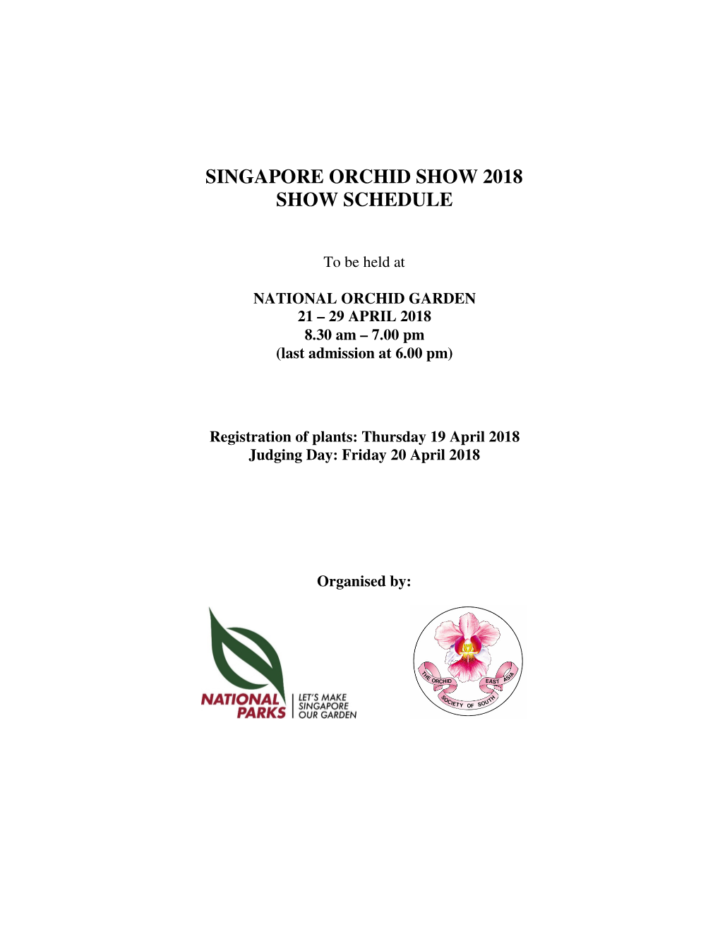 Singapore Orchid Show 2018 Show Schedule