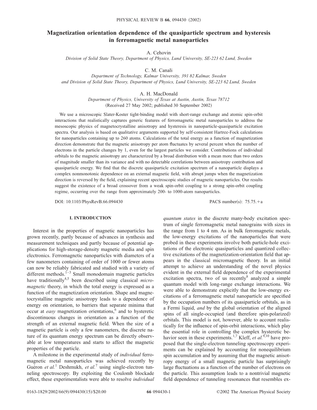 Magnetization Orientation Dependence of the Quasiparticle Spectrum and Hysteresis in Ferromagnetic Metal Nanoparticles