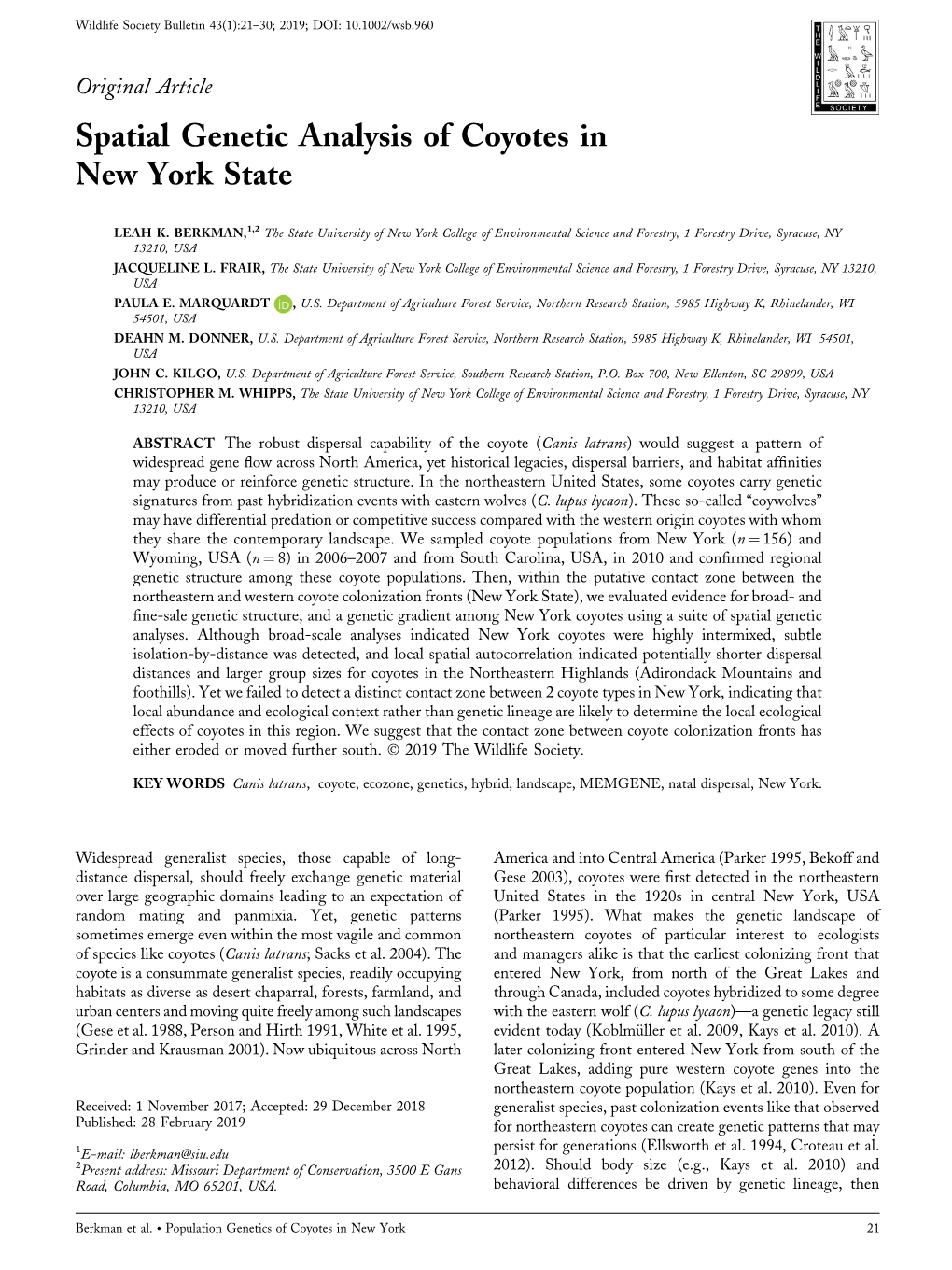 Spatial Genetic Analysis of Coyotes in New York State