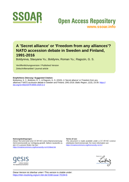NATO Accession Debate in Sweden and Finland, 1991-2016 Boldyreva, Slavyana Yu.; Boldyrev, Roman Yu.; Ragozin, G