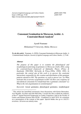 Consonant Gemination in Moroccan Arabic: a Constraint-Based Analysis1