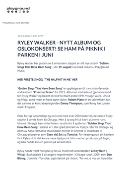 Ryley Walker - Nytt Album Og Oslokonsert! Se Ham På Piknik I Parken I Juni‏